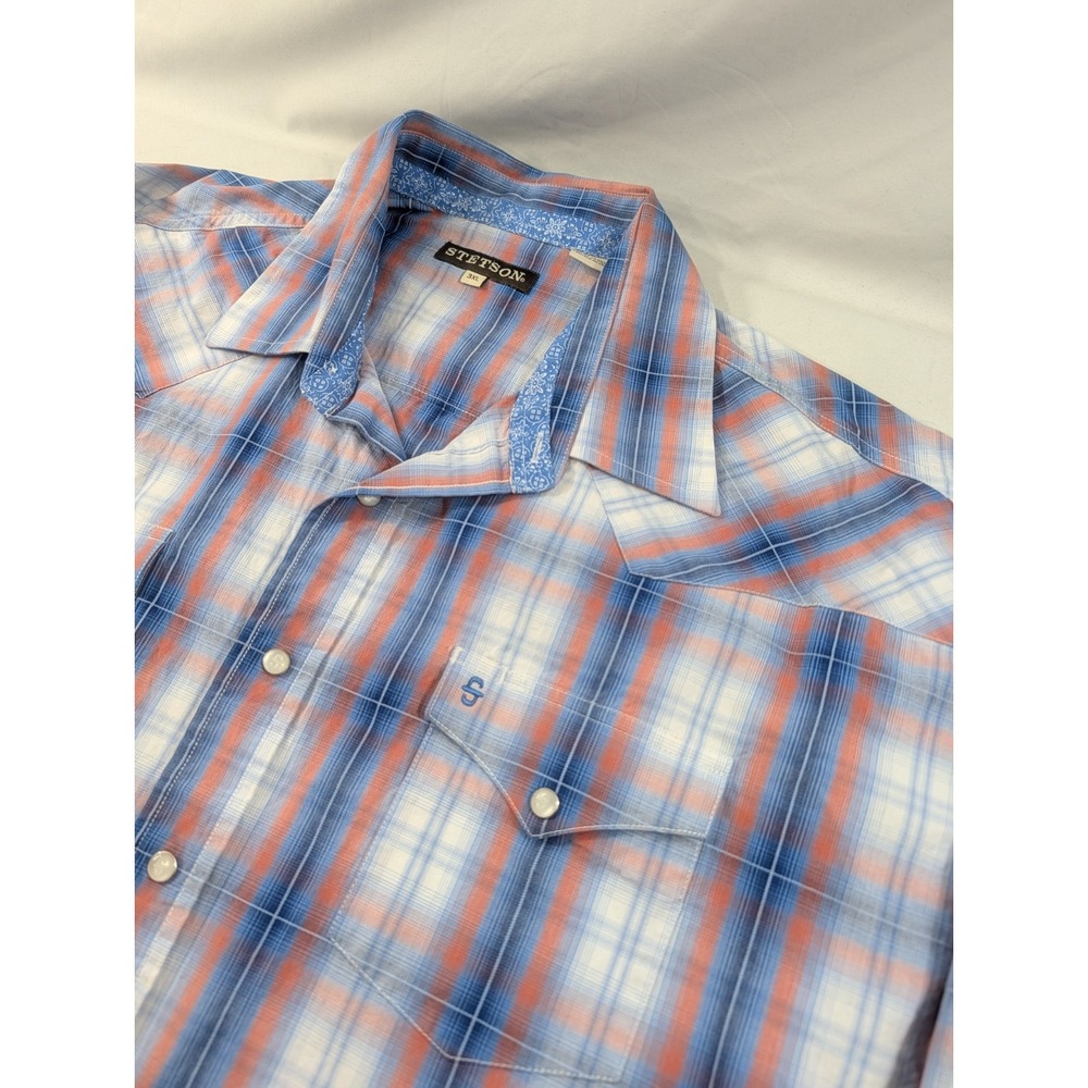 Stetson Shirt Mens 3XL Plaid Blue Orange Western Pearl Snap Button Up Excellent